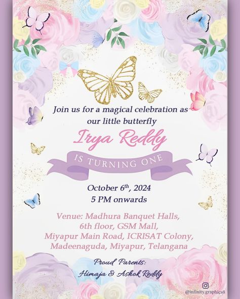 🦋 Butterfly theme designed for 1st birthday @himajareddy04 🎉 Get customised video card for Birthday parties and other occasions. DM to get yours 💌 . #butterfly #butterflies #butterflytheme #kids #rainbow #birthdayinvitation #digitalinvitation #einvite #birthday #birthdayparty #1stbirthday #butterfly🦋 #rainbows #partyinvite #invites #butterflythemedparty Butterfly Birthday Party Invitations, Invitation Card Party, Card For Birthday, Butterfly Birthday Party, Kids Rainbow, Butterfly Theme, Butterfly Birthday, Video Card, Party Card