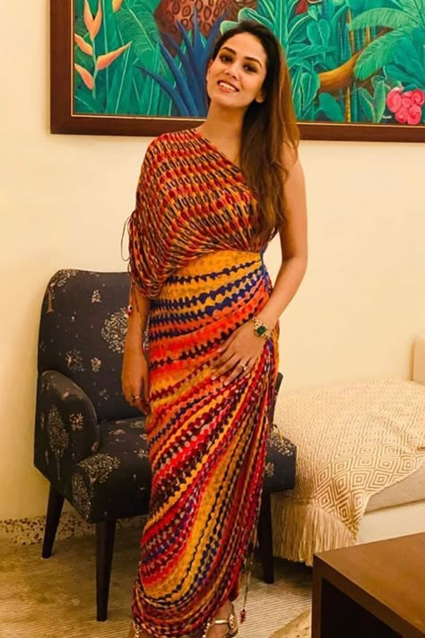 Shop for these amazing collections of Multi Color Asymmetric One Shoulder Pleated Dress For Women by Saaksha & Kinni online at Aza Fashions. Sari Dress, Drape Maxi Dress, Abstract Print Dress, Dress For Women, Festival Wear, Aza Fashion, Cotton Silk, Indian Dresses, Pleated Dress