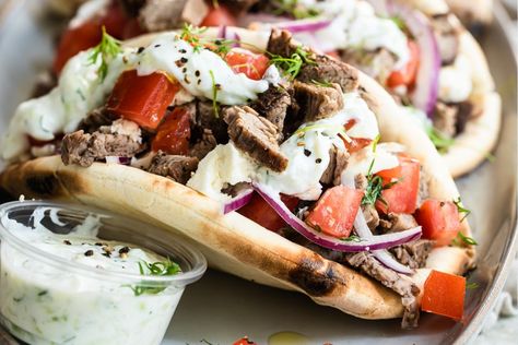 Beef Gyros - Culinary Hill Gyro Recipe Beef, Beef Gyros, Gyros Recipe, Best Tuna Salad Recipe, Beef Gyro, Yogurt Marinated Chicken, Grilled Beef Recipes, Beef Flank Steak, Pepper Sandwich