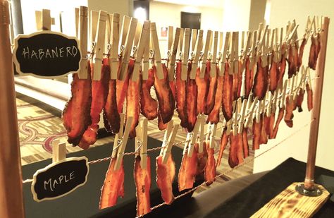 Fun idea for your next party! Clothespin candied bacon sets quite the whimsical mood. And who doesn't like a sweet-spicy slice of bacon to kick off an evening? Hanging Bacon Display, Bacon Bar Wedding, Bacon Bar Ideas, Bacon Display, Bourbon Party, Bacon Bar, Bacon Party, Bacon Appetizers, Viking Wedding