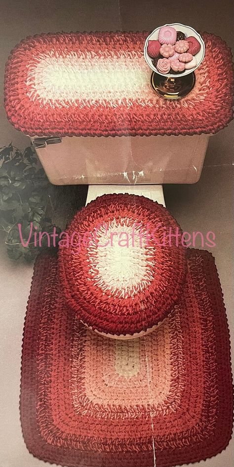 A vintage pdf crochet pattern for bath accessories, including a toilet seat cover, tank cover, and rug. Pattern uses heavy rug yarn or other bulky yarn. US terminology pattern in English language only. Instant download - not a hard copy. The pattern will be available for you to download in pdf format directly after purchase. The pdf file will be sent to the email you have on file on your Etsy account. Since these are vintage patterns, recommended material brands may be hard to find, but good sub Crocheted Bath Mat, Crochet Bathroom Accessories, Crochet Bathroom Decor, Bathroom Hygge, Crochet Bathroom Set, Crochet Toilet Seat Cover, Crochet Bathroom Rug, Crochet Toilet Roll Cover, Crochet Loom