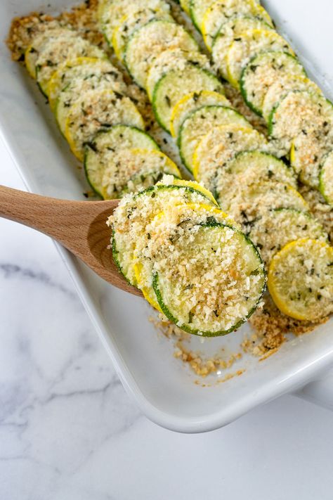 Zucchini and Squash Bake in a white casserole dish being served with a wooden spoon. Dinner Ideas With Zucchini, Zucchini Squash Bake, Baked Squash And Zucchini Recipes, Squash Noodles Recipes, Baked Summer Squash, Cheese Zucchini, Squash Bake, Zucchini And Squash, Side Ideas