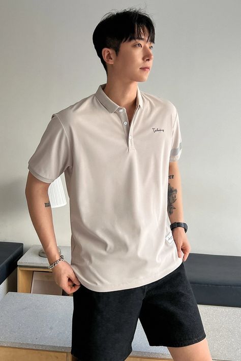 This men's polo t-shirt has a polyester fabric, beige color, short-sleeved design, and is perfect for summer days. #men #polo #koreanfashion Ootd Polo Shirt Man, Beige Polo Shirt Outfit Men, Outfit Polo Shirt Pria, Polo Shirt And Shorts Outfit Men, Polo And Shorts Outfit Men, Polo Tshirt Men Outfit Casual, Top Siders Men Outfit, Poloshirt Outfit For Men, Polo Shirts Outfits