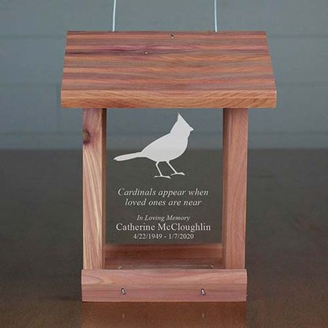 Remembrance Gifts: 75 Creative "In Memory Of" Gift Ideas » Urns | Online Cardinal Bird Feeder, Cardinal Design, Wood Bird Feeder, When Someone Dies, Memory Jar, Hugs And Cuddles, Willow Tree Figurines, Wood Urn, Design Quote