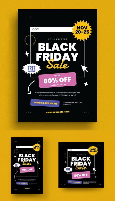 Black Friday Event Flyer Template AI, PSD. + Instagram Post and Story Design Black Friday Flyer Design, Black Friday Template, Black Friday Instagram Post, Black Friday Graphics, Black Friday Design Inspiration, Momentum Design, Black Friday Website, Black Friday Email Design, Black Friday Graphic