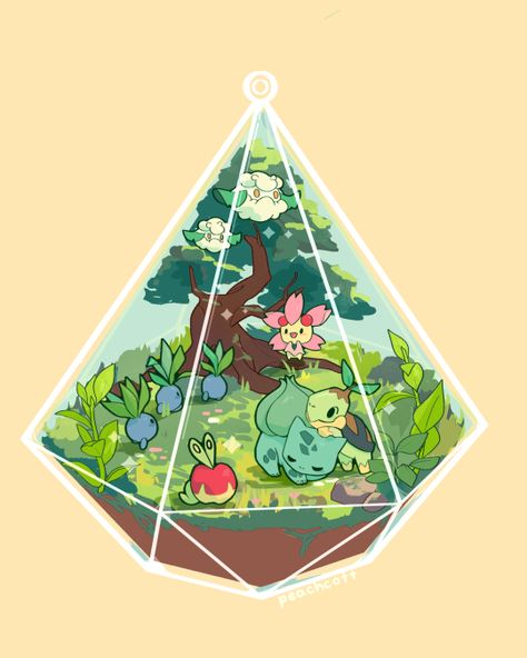 Pokemon fan art, i am not the artist Terrarium Drawing, Terrarium Art, Pokemon Terrarium, Pokemon Painting, Kawaii Bedroom, Plant Journal, Grass Type, Drawing Wallpaper, All Pokemon