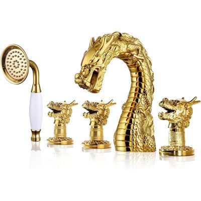 Add a touch of French style to your bathtub with this beautiful gold Dragon faucet and handheld shower. The floor mounted faucet in a stylish dragon design The left and right dragon handles control the water temperature while the center handle can be used to divert water to the faucet or the polished mounted hand shower. The design of the faucet spout allows water to quietly fill your tub when in use. It offers a relaxing bathroom atmosphere with the feel of European luxury. | Krugg Reflections Vintage Clawfoot Tub, Wall Mount Tub Faucet, Relaxing Bathroom, Clawfoot Tub Faucet, Roman Tub Faucets, Shower Faucet Sets, Style Français, Roman Tub, Gold Dragon