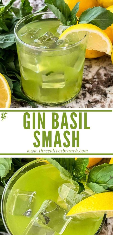 This Gin Basil Smash is a refreshing summer cocktail recipe! Made with lemon and basil herb Italian flavors. A bright spring citrus drink recipe that is vegan and gluten free. Halloween Drinks Alcohol Cocktails, Halloween Cocktails Recipes, Gin Basil Smash, Basil Drinks, Tonic Cocktails, Basil Simple Syrup, Basil Cocktail, Basil Smash, Citrus Drinks