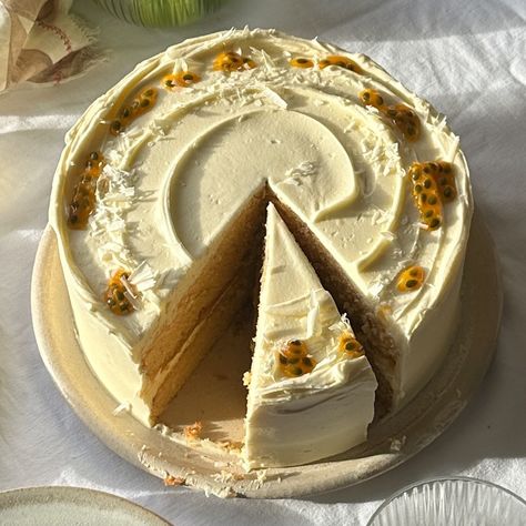 Passion Fruit and White Chocolate Cake Recipe | Recipes from Ocado Chocolate Passionfruit Cake, White Chocolate Cake Recipe, Passion Fruit Cake, Fruit Birthday Cake, White Chocolate Buttercream, White Chocolate Cake, Delectable Desserts, British Baking, Cake Inspo