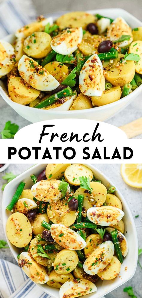 This light and flavorful French Potato Salad is the perfect side dish and a refreshing colorful alternative to mayo-based potato salads. It features tender green beans, hard-boiled eggs, herbs, and more tossed in a zesty lemon dijon vinaigrette. Potato Salad With Green Beans, Lemon Dijon Vinaigrette, Boiled Egg Salad, French Potato Salad, Green Beans Side, French Potatoes, Green Beans Side Dish, Potato Salad Healthy, Potato Salad With Egg