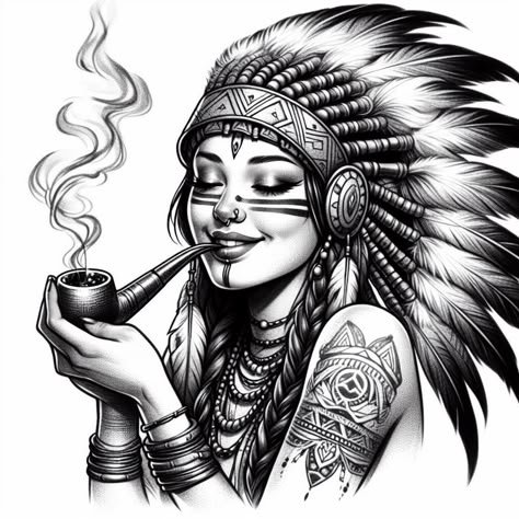 Native American Woman Drawing, Apache Tattoo, Native American Tattoo Art, Native American Tattoo Designs, Indian Tattoo Design, Mayan Tattoos, Native American Tattoo, Mexican Art Tattoos, Native American Woman