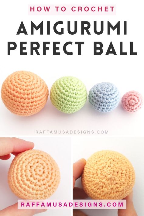 a collage of pictures showing crochet Amigurumi balls in different sizes Crochet Juggling Balls Pattern, Crochet Tiny Ball Free Pattern, Amigurumi Beginner Tutorial, Simple Crochet Toys, Perfect Sphere Crochet Pattern, Crochet A Ball How To, Sphere Pattern Crochet, Amigurumi Circle Pattern, Crochet Perfect Ball