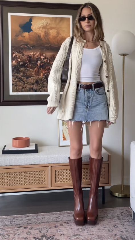 Late 20s Fall Fashion, New Style Outfits For Women, Cottegcore Fall Outfits, Black Skirt And Black Boots Outfit, Platform Doc Boots Outfit, Whimsical Style Outfits Casual, Fall Outfits With Color, Fall Dresses With Tall Boots, Skirt Sweater Combo