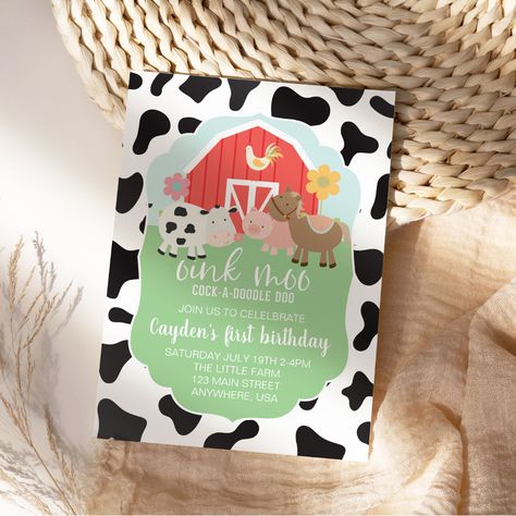 Farm animal birthday invitation with cow print | #cutefarmanimals #barn #farmbirthdayinvite #farmbirthdayparty #farmanimalbirthdayinvite #girlfarmbirthdayinvite #farm #boyfarmbirthdayinvite #farmanimals #cowprint Animal Farm Birthday Party, Farm Birthday Party Invitations, Cow Print Birthday, Girls Farm Birthday, Wild West Birthday, 98th Birthday, Farm Invitation, Animal Birthday Invitation, Farm Themed Birthday Party