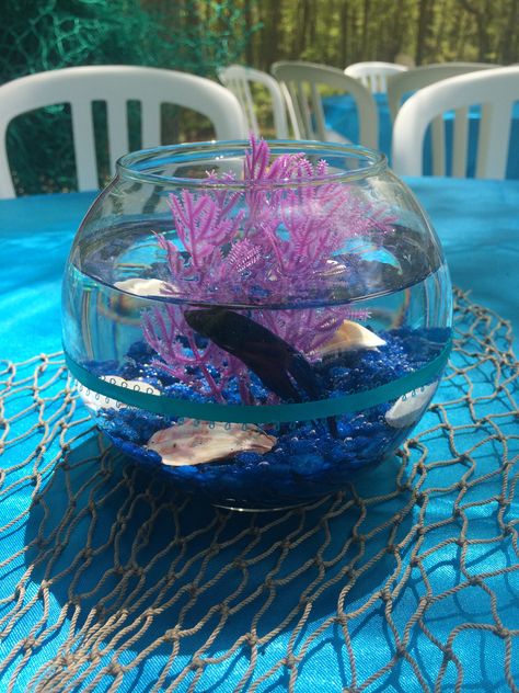 Mermaid Fish Bowl Centerpiece, Centerpieces With Fish In Them, Princess Ariel Centerpiece Ideas, Mermaid Theme Table Decor, Oneder The Sea Centerpieces, Under The Sea Centerpiece Ideas Diy, Under The Sea Baby Shower Centerpieces, Live Fish Centerpieces, Mermaid Theme Centerpieces