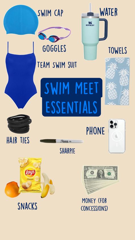 Tell me if I missed anything What To Pack For A Swim Meet, What To Bring To A Swim Meet, Swim Team Essentials, Swim Meet Essentials, Swimming Bag Essentials, Swim Workout, Swimming Outfits, Swimming Kit, Swim Mom