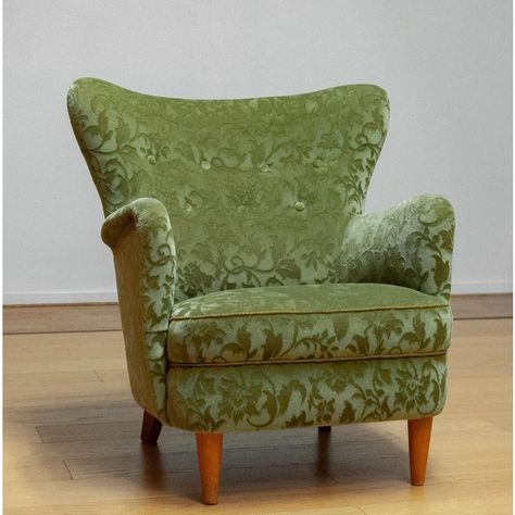 Beautiful wingback chair, model 'Laila' designed by Ilmari Lappalainen for Asko Finland in the 1950s. The chair is in overal good condition. Supports and sits very good. Reupholstered with the current green ton sur ton velvet in the 1970s. This piece is attributed to the mentioned designer/maker. It has no attribution mark and no   official proof of authenticity,   however it is well documented in design history. I take full responsibility for any authenticity         issues arising from misattr Dark Green Armchair, Vintage Upholstered Chairs, Vintage Accent Chair, Modern Wingback Chair, Teal Armchair, Vintage Arm Chair, Whimsical Living Room, Director Chairs, 60s Chair