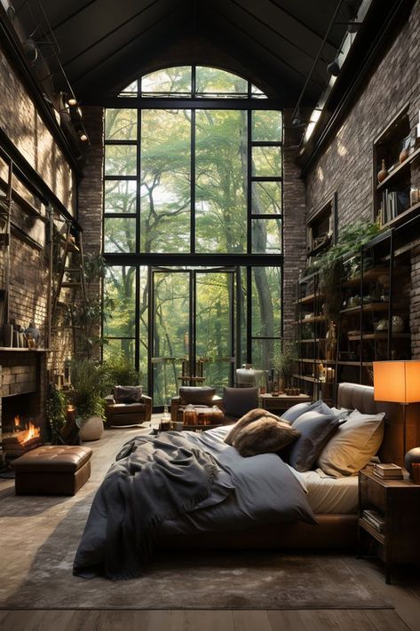 Masculine Bedroom Inspiration in 2024 #bedroom #designing #docer Urban Loft Apartment Cozy, Cozy Industrial Interior, Exposed Brick Apartment Aesthetic, Cozy Industrial Interior Design, Industrial Boho Interior Design, Brick Bedroom Ideas, Cozy Industrial Bedroom, New York Bedroom Ideas, Loft Living Room Design