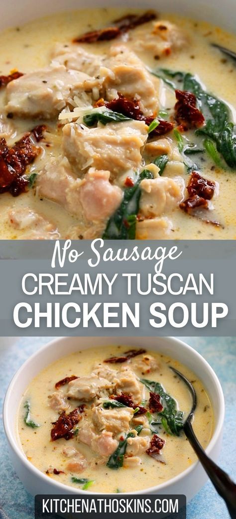 Learn how to the best Tuscan chicken soup recipe that is creamy, made with spinach and Italian seasoning. This easy chicken soup can be made using whole milk for a lighter dish and is outrageously delicious with bread. Get the creamy Italian chicken soup recipe at kitchenathoskins.com. Creamy Chicken Noodle Soup With Spinach, Boneless Chicken Thigh Soup Recipe, Soup With Kale And Chicken, Chicken Lasagne Soup, Spinach Chicken Soup Recipes, Healthy Creamy Chicken Soup, Tuscan Chicken Soup Crockpot, Creamy Artichoke Soup, Chicken Thigh Recipes Soup