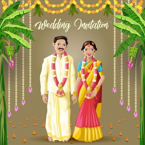 Tamil Wedding Invitation, Cartoon Bride, Wedding Cartoon, Cartoon Wedding, Indian Reception, Wedding Invitation Vector, Marriage Photography, Tamil Wedding, Indian Wedding Couple