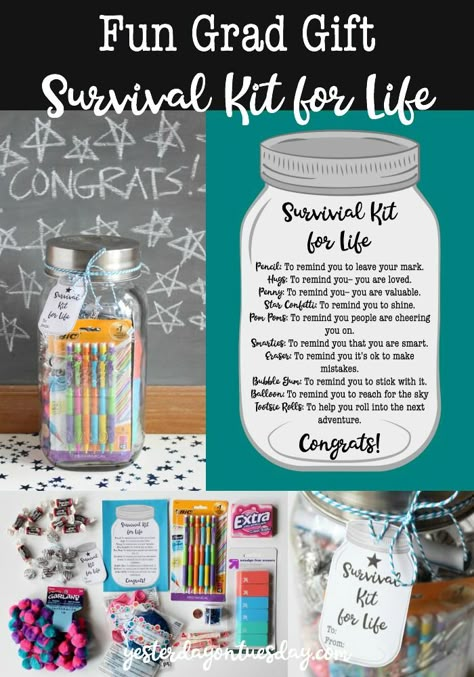 Fun Grad Gift Survival Kit for Life: A cute and budget friendly graduation gift in mason jar for that special grad! Printable note and tag, sure to make them feel loved and special!    graduation | grad | mason jar Survival Kit For Life, Graduation Survival Kit, College Survival Kit, Survival Kit Gifts, Diy Graduation Gifts, Best Graduation Gifts, College Survival, High School Graduation Gifts, Survival Kits