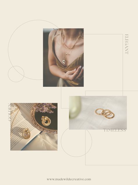 Moodboard inspiration for an upcoming project for a jewelry company. Lots of golden and elegant tones in a timeless design. #branding #jewelrybranding #logodesign #moodboard Pretty Website, Jewelry Mood Board, Moodboard Design, Boutique Studio, Moodboard Inspiration, Diy Website, Branding Mood Board, Creative Business Owner, Service Based Business