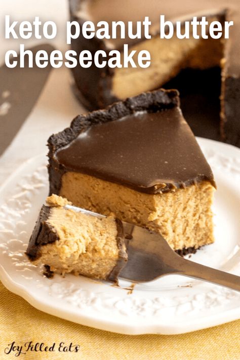 One slice of this Keto Peanut Butter Cheesecake and you're going to be hooked. Not only is it creamy and delicious but it's full of rich chocolate flavor as well. This homemade cheesecake is sugar-free, gluten-free, and low-carb, too. Make this decadent dessert as the perfect ending to a great Valentine's Day Date night in. Keto Peanut Butter Cheesecake, Peanut Butter Cheesecake Recipes, Keto Peanut Butter, Joy Filled Eats, Homemade Cheesecake, Thm Desserts, Low Carb Low Sugar, Peanut Butter Cheesecake, Best Low Carb Recipes