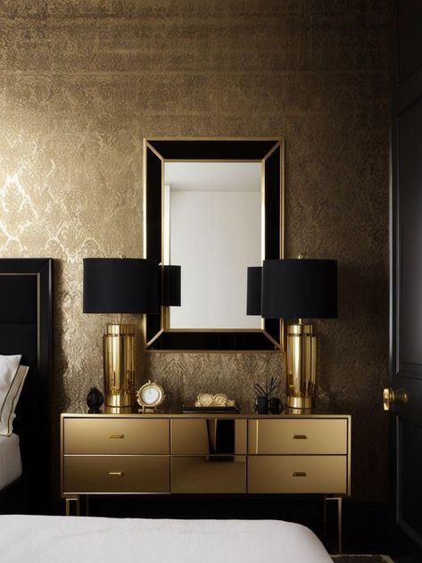 Go for a bold statement by creating an accent wall in black and gold. Add a touch of glamour with metallic gold wallpaper or paint, and accessorize with black frames, mirrors, or wall decals for a chic and luxurious look in your bedroom. Gold Accents Bedroom, Black And Gold Bedroom, Black And Gold Mirror, Gold Wallpaper Bedroom, Black Walls Bedroom, Bedroom Accent Wall, Gold Bedroom, Bedroom Accent, Accent Wall Bedroom