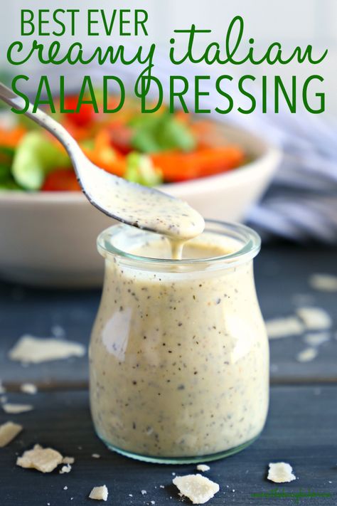 This Classic Creamy Italian Salad Dressing recipe is one for the books! It's packed with delicious herbs and makes the perfect creamy addition to any garden salad! And it's SO easy to make and healthy too! Recipe from thebusybaker.ca! #saladdressing #salad #easyrecipe #italian #fresh #homemade #masonjar #blender #dressing #dip #spread #condiment #herbs #parmesan #vegetarian #healthy #cleaneating Creamy Italian Salad Dressing, Healthy Dressing Recipes, Green Chef Recipes, Italian Dressing Recipes, Salad Dressing Recipes Healthy, Creamy Salad Dressing, Green Chef, Salad Dressing Recipes Homemade, Italian Salad Dressing