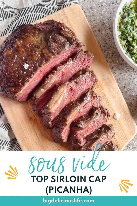 Sous vide top sirloin cap, also known as rump cap, rump cover, coulotte steak or picanha is easy to make, super tender and full of incredible natural flavor. This wonderfully marbled cut of beef is both economical and sure to impress your dinner guests. Sous Vide Sirloin Roast, Top Sirloin Cap Recipes Oven, How To Cook Top Sirloin Cap Steak, Sous Vide Picanha, Coulotte Roast Recipes, Sous Vide Top Sirloin Steak, Boneless Beef Cap Recipe, Beef Loin Top Sirloin Cap, Beef Top Sirloin Cap Recipes