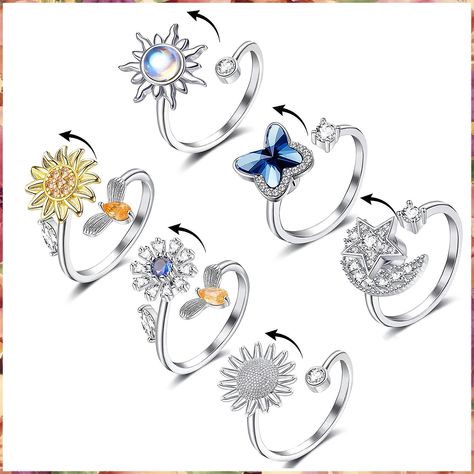 Honsny Fidget Rings for Women Girls, Spinner Fidget Ring for Anxiety Adjustable Anxiety Relief Ring Set, Sunflower Butterfly Sunflower Butterfly, Spinning Rings, Fidget Rings, Meditation Rings, Star Moon, Watches Women Fashion, Spinner Rings, Cute Rings, Cz Ring