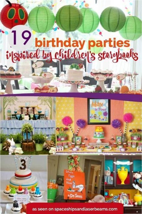 19 Birthday Parties Inspired by Children's Storybooks Bookworm Party, Book Themed Birthday Party, Storybook Party, Happy Birthday Banner Diy, 19 Birthday, Book Birthday Parties, Book Themed Party, Storybook Baby Shower, Hungry Caterpillar Birthday