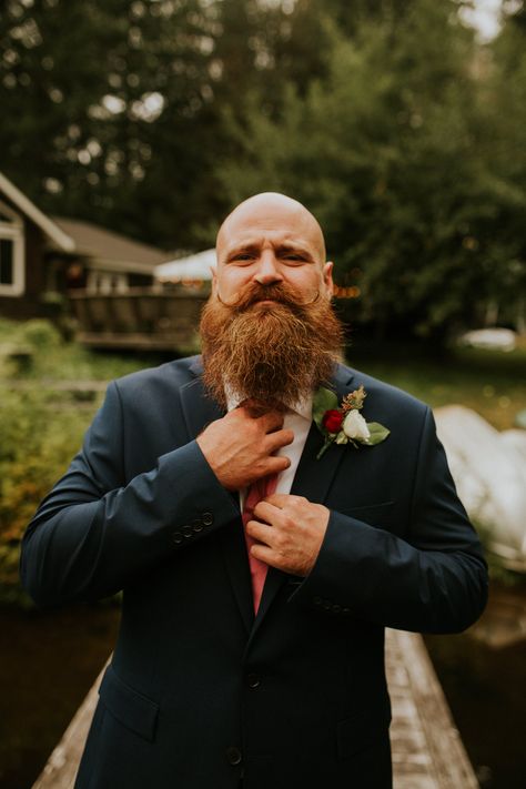 Badass groom with beard. Wanna look sharp on your wedding day? Start growing that beard! Groom With Beard, Bearded Groom Wedding, Long Beard, Intimate Wedding Reception, Ginger Beard, Elopement Dress, Long Beards, Small Intimate Wedding, Beard Grooming