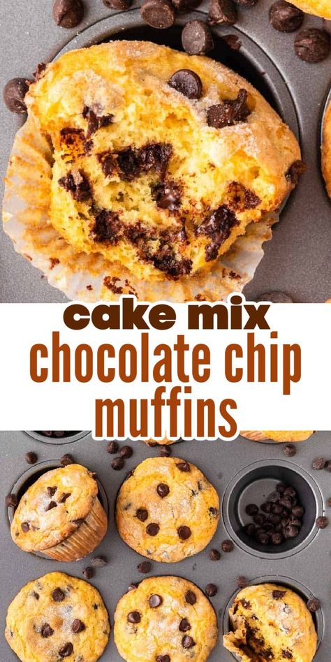 Chocolate Chip Muffins With Cake Mix Boxes, Cake Mix Double Chocolate Chip Muffins, Chocolate Chip Yellow Cake, Yellow Cake Mix Breakfast Recipes, Cake Box Muffins, Muffins Using Cake Mix Boxes, Yellow Cake Mix Muffins, Cake Mix Chocolate Chip Muffins, Cake Mix Muffins Recipes