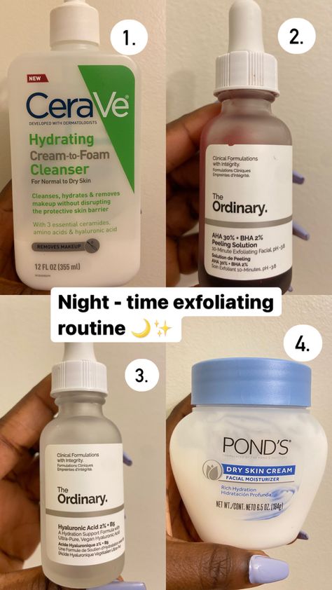 Exfoliating routine 1-2 times weekly. #theordinaryskincare #exfoliation #exfoliate #skincare #skincareroutine #skincaretips Good Face Exfoliator Products, How To Clean Your Face Skincare, Exfoliate Face Products Skincare, Best Face Exfoliator, Face Wash Routine, Exfoliating Routine, Exfoliate Skincare, Exfoliating Skincare, Skincare Routine Products