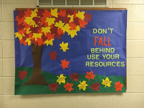 Fall Bulletin Board #Fall #college #RA #ResLife #ResidentAssistant #LynchburgCollege Fall Inspired Bulletin Boards, Fall Bulletin Board Ideas For High School, Halloween Mental Health Bulletin Board, Fall Ra Board Ideas, Fall Ra Bulletin Board Ideas, November Ra Board Ideas, Ra November Bulletin Boards, September Ra Bulletin Boards, Fall Ra Bulletin Boards