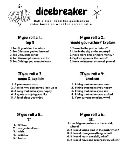 Group Counseling Ice Breakers, Fun Dbt Group Activities, Psych Group Activities, High School Social Work Activities, Peer Counseling Activities, Therapy Dice Game, Social Work Group Activities, Mental Therapy Activities, Dice Debrief