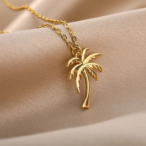 Palm Necklace, Tropical Necklace, Palm Tree Necklace, Palm Tree Pendant, Coconut Palm Tree, Summer Ocean, Stainless Steel Chain Necklace, Coconut Palm, Tree Necklace