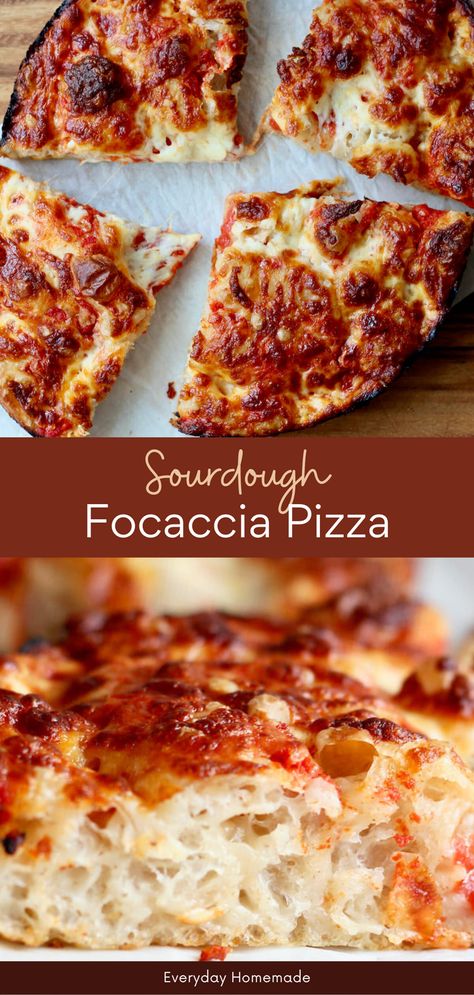 Elevate your pizza night with this easy Sourdough Focaccia Pizza recipe! This Italian-inspired pan pizza combines the best of focaccia and Detroit-style pizza, featuring crispy edges, a fluffy, soft interior, and a tangy taste from sourdough starter discard. The perfect dinner or appetizer, it requires no yeast and can be prepared the same day or overnight. Enjoy a delicious twist on classic pizza! Focaccia Bread Pizza Recipe, Sourdough Discard Focaccia Recipes, Sourdough Recipes Focaccia, Sourdough Pizza Foccacia Recipe, Sourdough Pan Pizza, Pizza Dough With Sourdough Starter, What Can I Make With Sourdough Starter, Sourdough Same Day, Sourdough Pizza Recipe