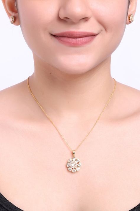 Gold plated 925 silver blossom moissanite polki pendant necklace with cubic zirconia encrustments. Comes with a pair of studs. - Aza Fashions Polki Pendant, Jewellery Sets, Jewellery Set, Aza Fashion, Online Jewelry, Pendant Jewelry, Jewelry Set, Jewelry Sets, 925 Silver