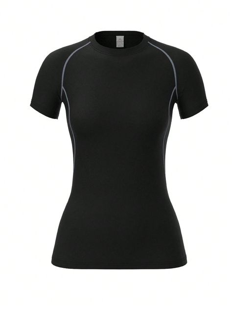 Quick Dry Elastic Fitness Compression T-Shirt For Running, Yoga, Workout Basic T Shirt Black   Short Sleeve Knitted Fabric Plain  High Stretch  Women Activewear, size features are:Bust: ,Length: ,Sleeve Length: Sports Jackets Women, Compression T Shirt, Gym Outfit Men, Black Shirts Women, Gym Tops, Compression Shirt, Women Sports, Yoga Workout, Sports Tees