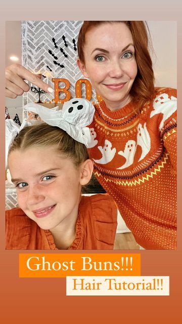 Easy Crazy Hair Day For Teachers, Halloween Buns Hair, Crazy Hair Day Space Buns, Halloween Wacky Hair Day, Ghost Space Buns Hair, Ghost Crazy Hair Day, Fall Crazy Hair Day, Ghost Space Buns, Boo Buns Hair Kids