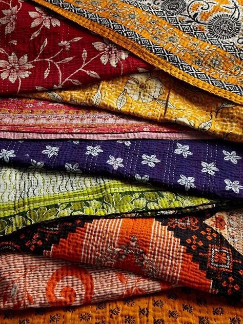 I am obsessed with these quilts. I have one and wish I could have more. They are so beautiful!! (Sari Quilts) Katha Stitch, Sari Quilt, Beaded Beads, Indian Textiles, Vintage Kantha Quilts, Kantha Throw, Colour Board, Vintage Kantha, Fabulous Fabrics