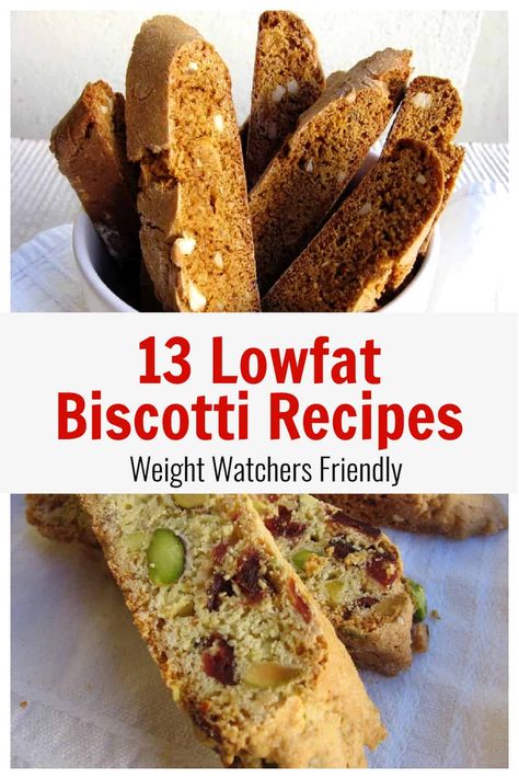 13 delicious lowfat low calorie biscotti recipes, all Weight Watchers SmartPoints friendly. Healthy Biscotti Recipe, Healthy Biscotti, Pumpkin Pistachio, Ww Cookies, Ww Baking, Best Biscotti Recipe, Bread Loafs, Easy Biscotti Recipe, Gingerbread Biscotti