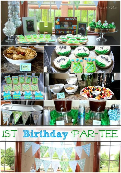 1st birthday par-tee! - golf-themed birthday party - club sandwiches - yogurt par-fait bar - golf cookies - This is our Bliss Food For Hole In One Party, First Birthday Golf Theme Food, Golfing Birthday Party, 1st Birthday Party Golf Theme, Golf Party Themed Food, Golf First Birthday Party Food, Golf Themed Food Party Ideas, Hole In One First Birthday Food, Hole In One Birthday Food