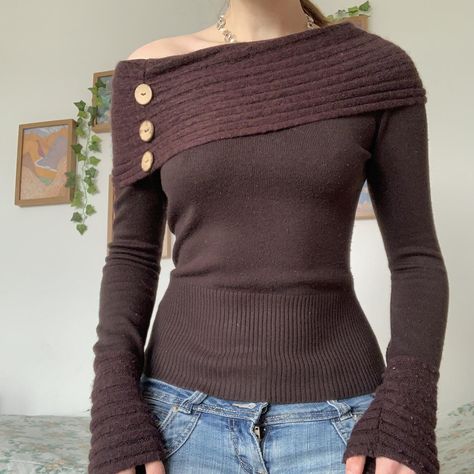 •vintage y2k jane norman off the shoulder brown top... - Depop Depop Clothes, Future Clothes, Outfits Y2k, Jane Norman, Knitted Tops, Brown Top, Dream Clothes, Upcycle Clothes, Look Cool