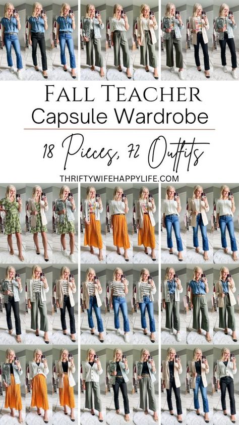 Affordable Fall Teacher Capsule Wardrobe 2024 - Thrifty Wife Happy Life Business Casual Fall Capsule Wardrobe, Fall Clothing Capsule, Capsule Teacher Wardrobe, Womens Fall Capsule Wardrobe, Preschool Teacher Capsule Wardrobe, Teacher Outfit Capsule, Fall Outfit Teacher, Minimalist Teacher Wardrobe, Teacher Wardrobe 2023