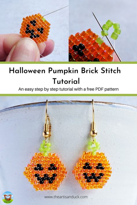 Beginner Brick Stitch Earrings, Brick Beading Pattern, Brick Stitch Halloween Patterns, Diy Beaded Pumpkin, Beaded Jewelry Halloween, Seed Bead Brick Stitch Tutorial, Fall Beading Ideas, Seed Bead Halloween Patterns, Brick Stitch Patterns Free