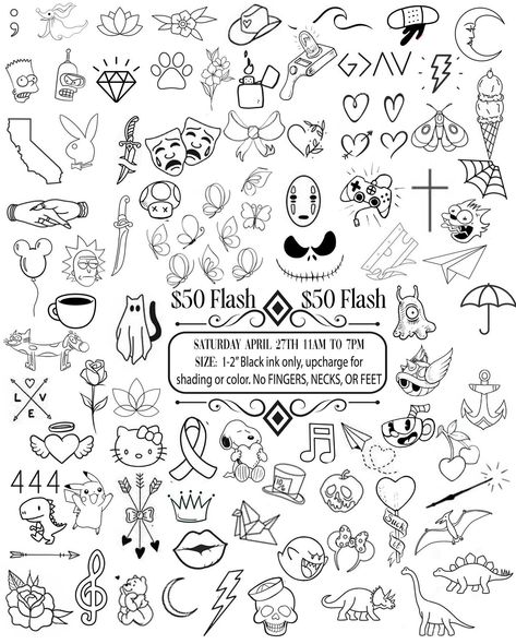 $50 Tattoo Flash Sale! $50 Tattoo Flash from our sheet Saturday April 27th 11am to 7pm DONT LIKE OUR FLASH? Submit your own design via DM for $70! (Your design should be similar to a simple outline flash tattoo) No feet, necks or fingers Black ink only, additional charge for color/shading Wylde Sydes Tattoo 1515 Palm Ave San Diego CA 92154 Cash only! Walkins only starting at 11am! Questions? Call 619-575-6792 Tattoo Flash Sheet Men, Anti Social Tattoo Ideas, Tattoo Graphic Design Ideas, Random Flash Tattoo, Themed Flash Sheets, Beginners Tattoo Ideas, Zodiac Flash Tattoo, Flash Sheets Tattoo, Flash Tattoos Men