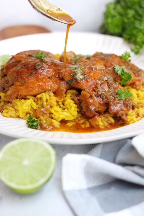 Sofrito Chicken | Chef Elizabeth Reese Sofrito Chicken And Rice, Recipes With Sofrito Dishes, Chicken Thigh Recipes Spanish, Recipes With Sofrito Sauce, Chicken Sofrito Recipes, Recipes That Use Sofrito, Latino Chicken Recipes, Cooking With Sofrito, Puerto Rican Chicken Thigh Recipes